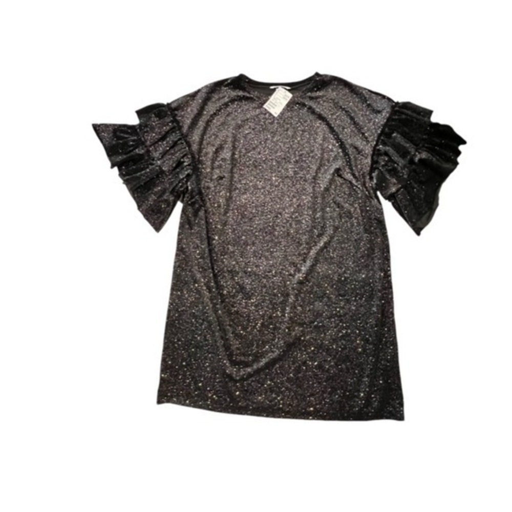 H&M Black Velvet Glitter Dress Tier Ruffle Sleeve NWT Size Large Party Holiday